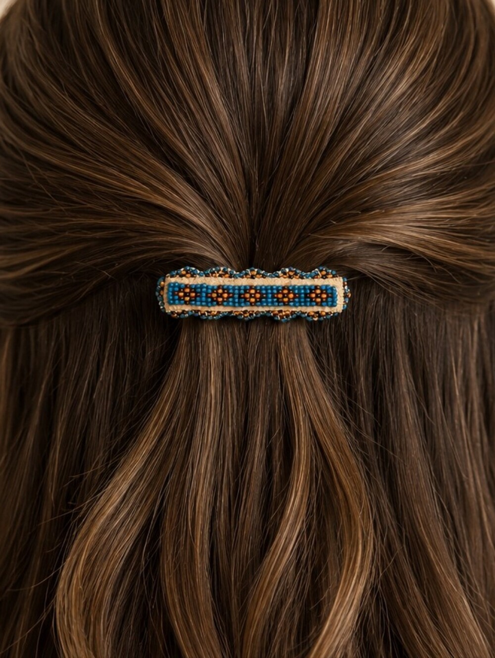 HANDMADE Cowboy Core Navajo Design Seed Beaded Leather Barrette